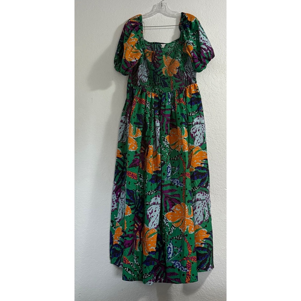 Cato Vibrant Green Floral Smocked Maxi Dress Puff Sleeves Womens XL
